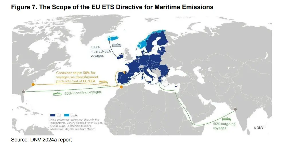 Map showing the EU ETS scope for maritime emissions, including EU/EEA voyages, incoming and outgoing routes.