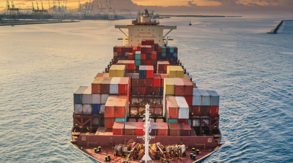 Container ship transiting a major port corridor in the Western Indian Ocean region