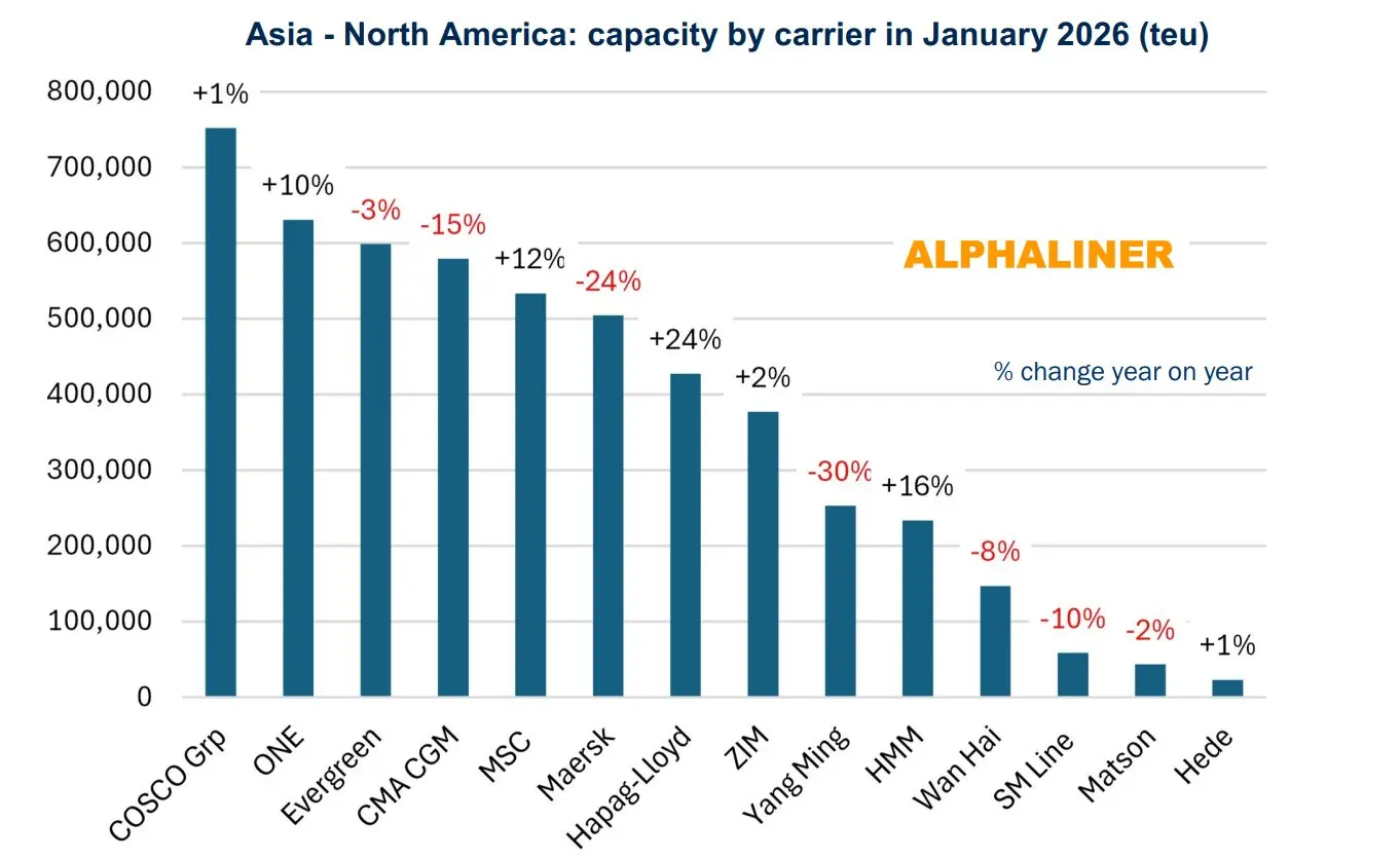 Bar chart showing container shipping capacity by carrier on the Asia–North America trade lane in January 2026, with year-on-year percentage changes.