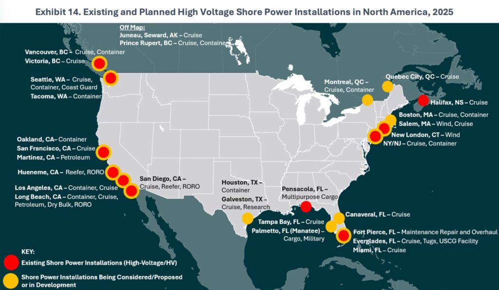 Map of existing and planned high-voltage shore power installations at North American ports