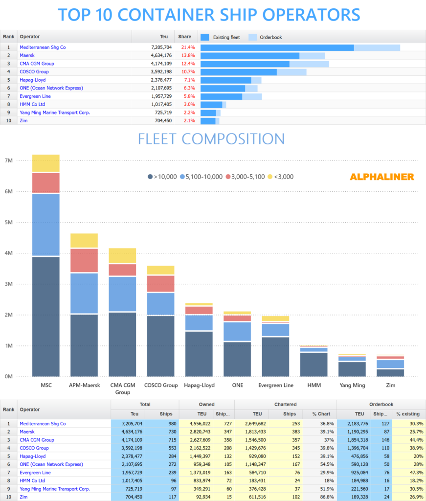 Top 10 container ship operators by fleet capacity and market share infographic showing MSC, Maersk, CMA CGM, COSCO and others.