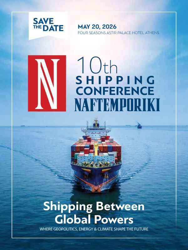 Official poster for the 10th Naftemporiki Shipping Conference 2026 in Athens, featuring a container ship and the theme Shipping Between Global Powers