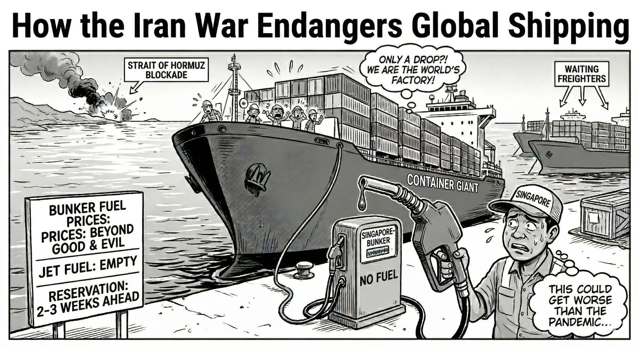 Strait of Hormuz disruption illustration showing container ships facing bunker fuel shortages, rising prices and supply delays impacting global shipping