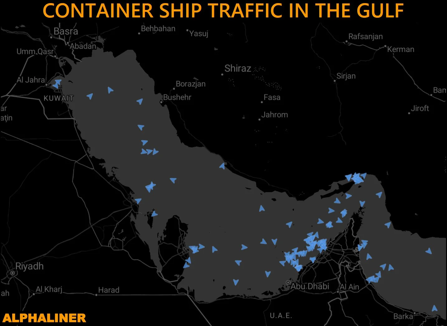 Map of container ship traffic in the Gulf showing vessel positions across the Arabian Gulf and near the Strait of Hormuz during the Gulf conflict.