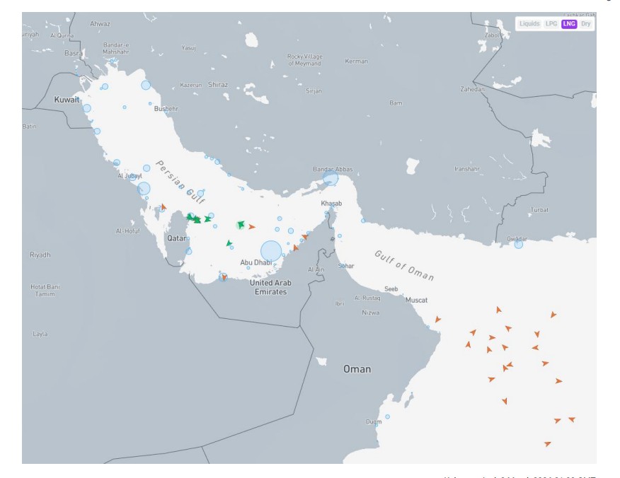 Middle East shipping disruption showing LNG carriers trapped near the Strait of Hormuz