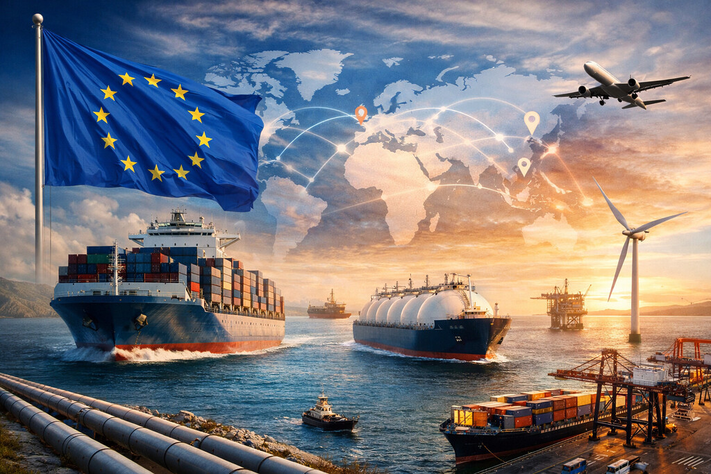 Container ships, clean energy tanker, port terminal, and EU trade routes representing European shipping and open trade
