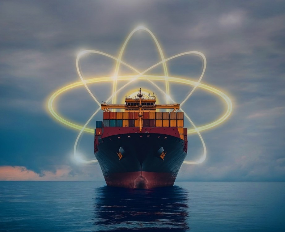 Nuclear shipping and the future of zero-carbon maritime transport | Global Maritime Hub Container ship with an atomic symbol representing nuclear shipping and maritime decarbonisation