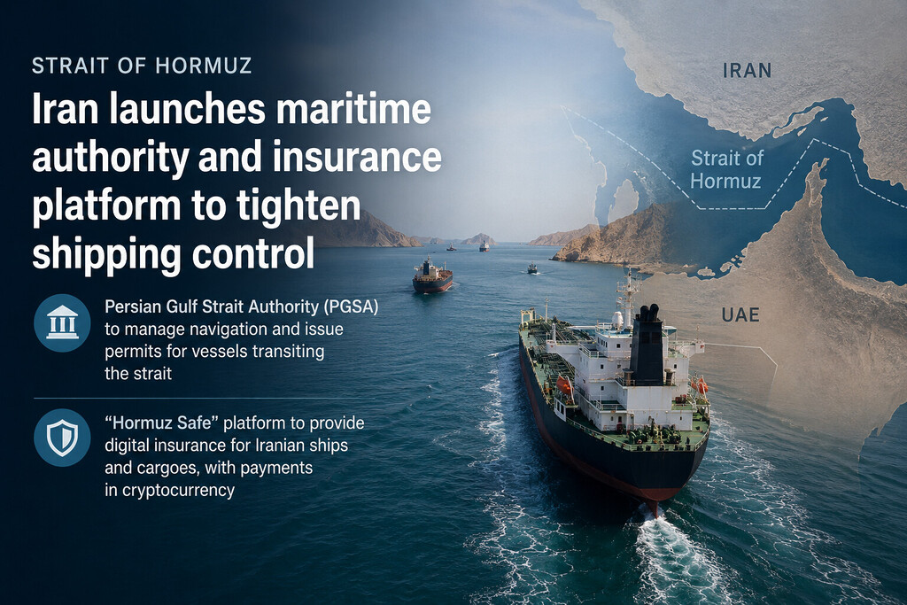 Illustration of tanker shipping traffic in the Strait of Hormuz following Iran’s launch of a new maritime authority and shipping insurance platform.
