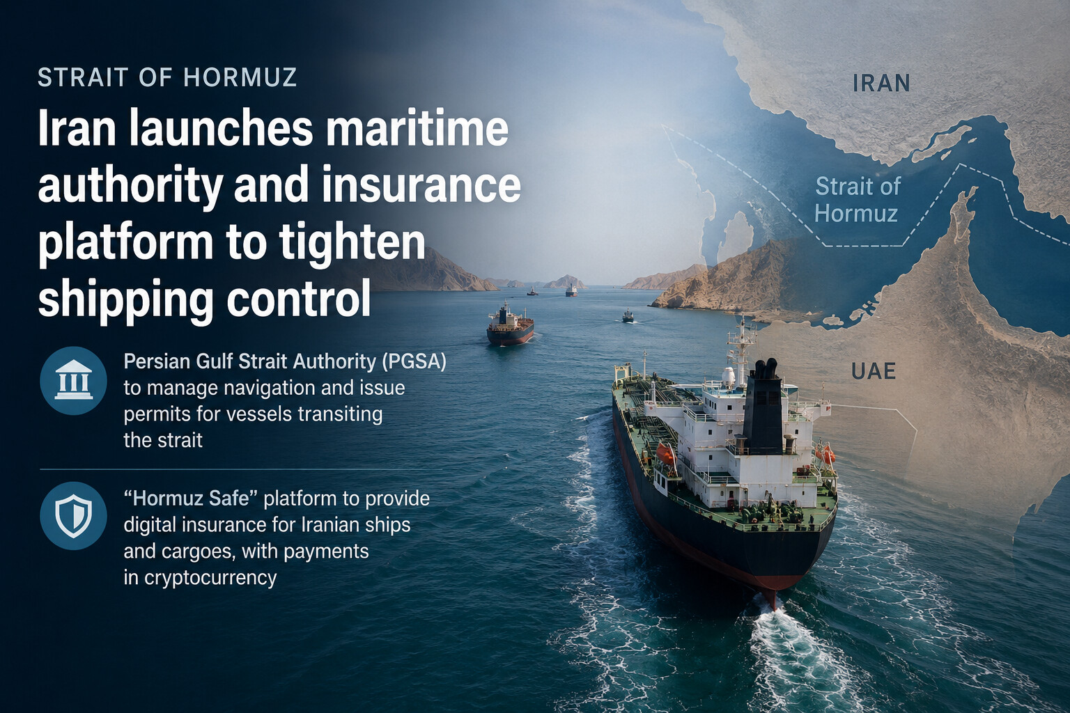 Illustration of tanker shipping traffic in the Strait of Hormuz following Iran’s launch of a new maritime authority and shipping insurance platform.