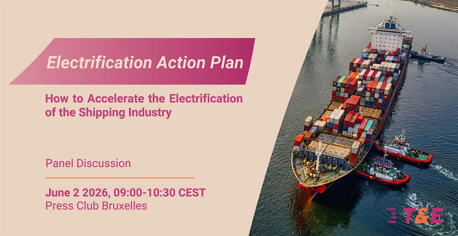 Promotional image for the Electrification Action Plan panel discussion on accelerating electrification in the shipping industry.