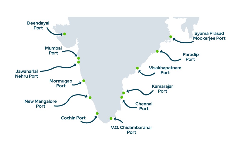 Major ports of India | Global Maritime Hub Map showing India’s major ports, including Mumbai, Chennai, Cochin, Paradip and Deendayal Port.