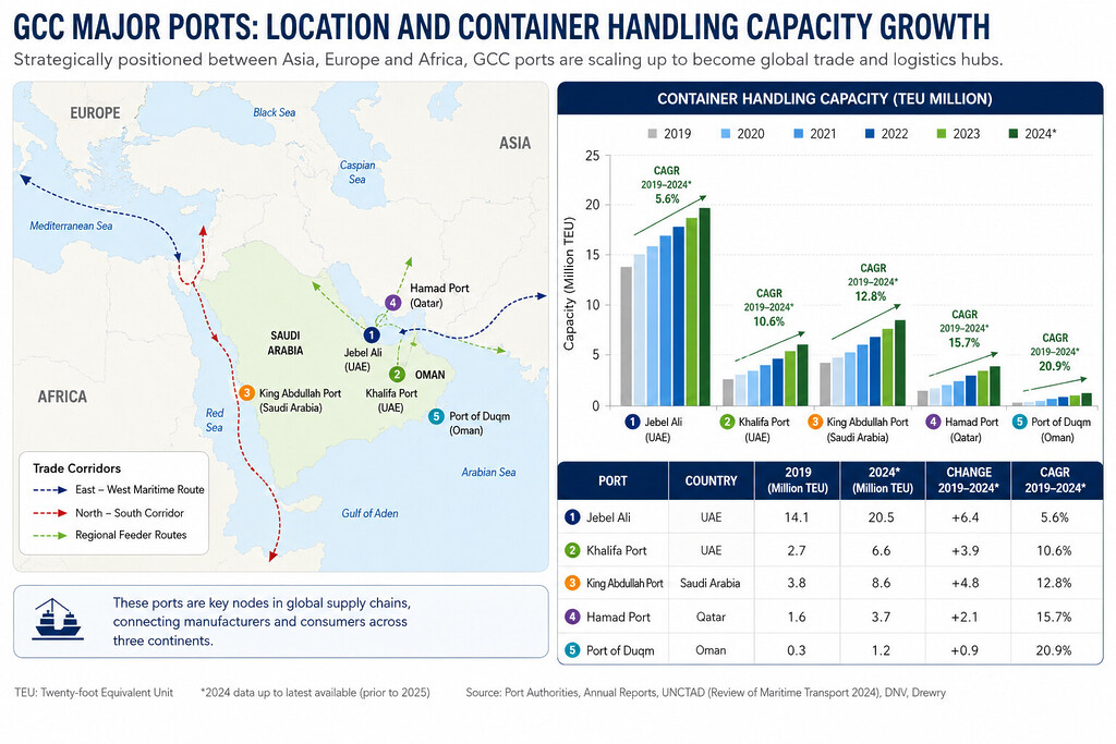 Trade corridors map showing GCC ports and container handling capacity growth between Asia, Europe and Africa
