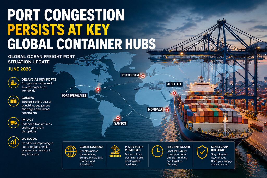 Port congestion graphic showing delays at Rotterdam, Santos, Jebel Ali, Mombasa and Port Everglades