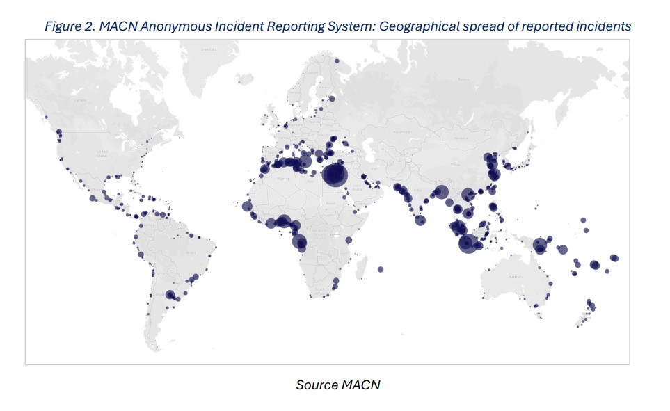 Global spread of port integrity incidents | Global Maritime Hub Port integrity map showing the global spread of reported maritime corruption incidents