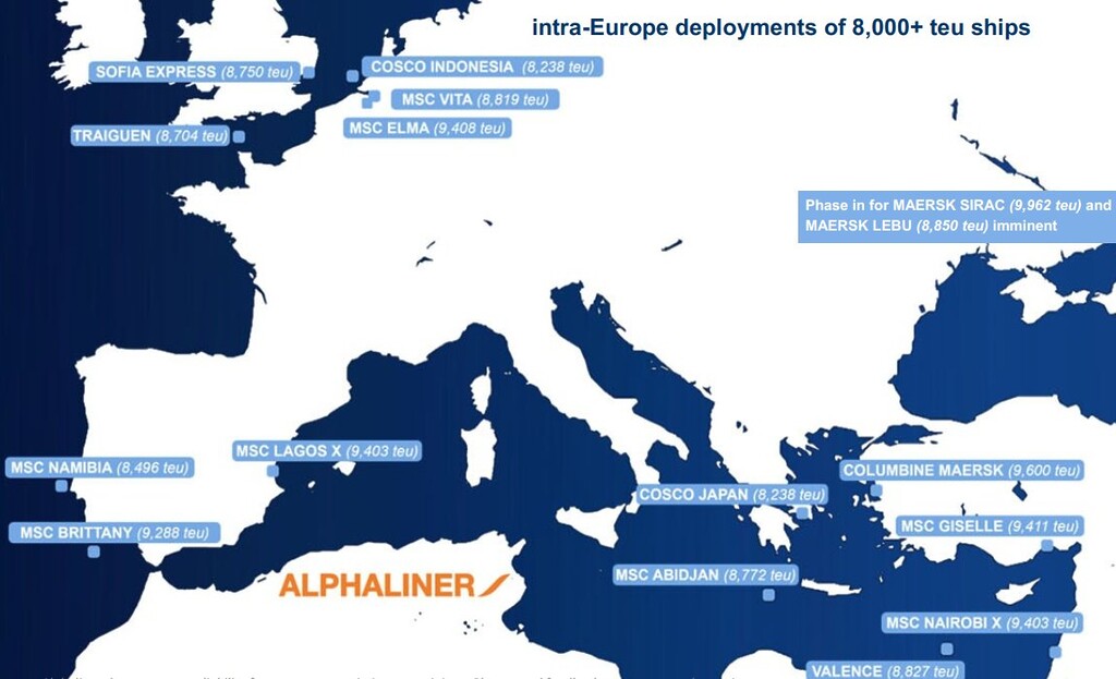 Map showing intra-Europe deployments of container ships above 8,000 teu, including vessels operated by MSC, COSCO, Maersk and Hapag-Lloyd.
