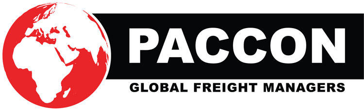 PACCON Global Freight Managers logo with a red globe icon on the left and a bold black wordmark on white background.