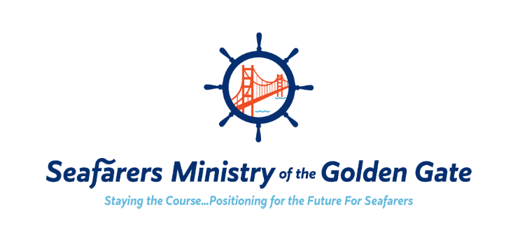 Logo for Seafarers Ministry of the Golden Gate featuring a blue ship's wheel with a red Golden Gate Bridge inside, plus the organization name and tagline.