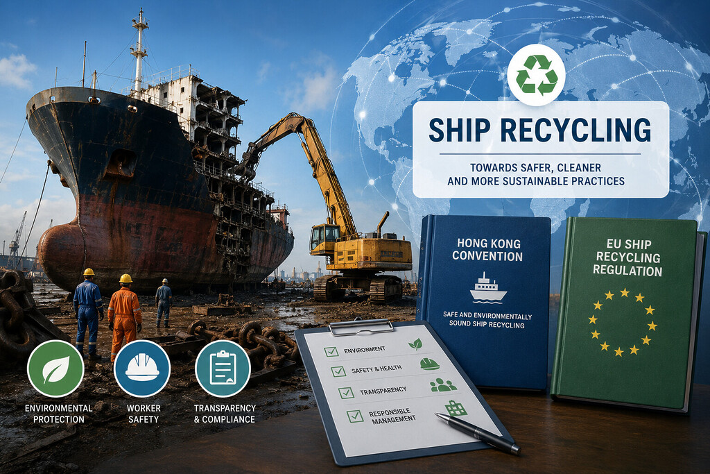 Rusty cargo ship being dismantled at a shipyard; excavator at work, with a prominent 'Ship Recycling' banner and eco icons in the background.