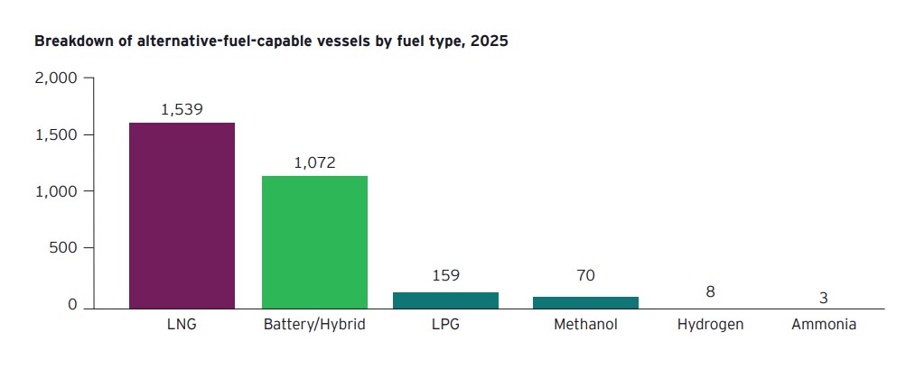 Alternative-fuel-capable vessels by fuel type in 2025 | Global Maritime Hub Shipping decarbonization chart showing alternative-fuel-capable vessels by fuel type in 2025
