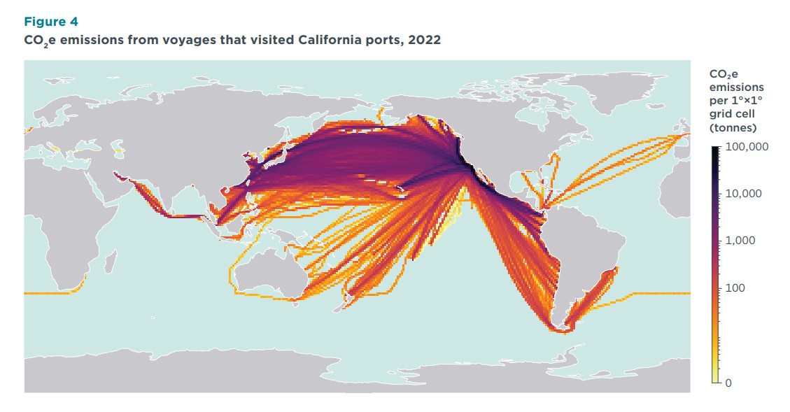 California port voyage emissions | Global Maritime Hub Alternative marine fuels study showing CO2e emissions from voyages visiting California ports