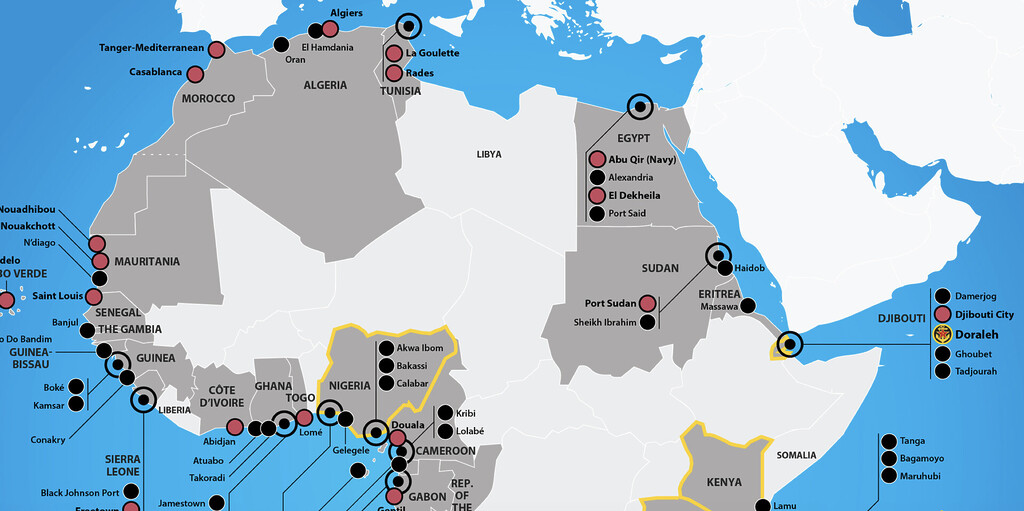 Map of African ports showing Chinese maritime infrastructure and strategic port involvement