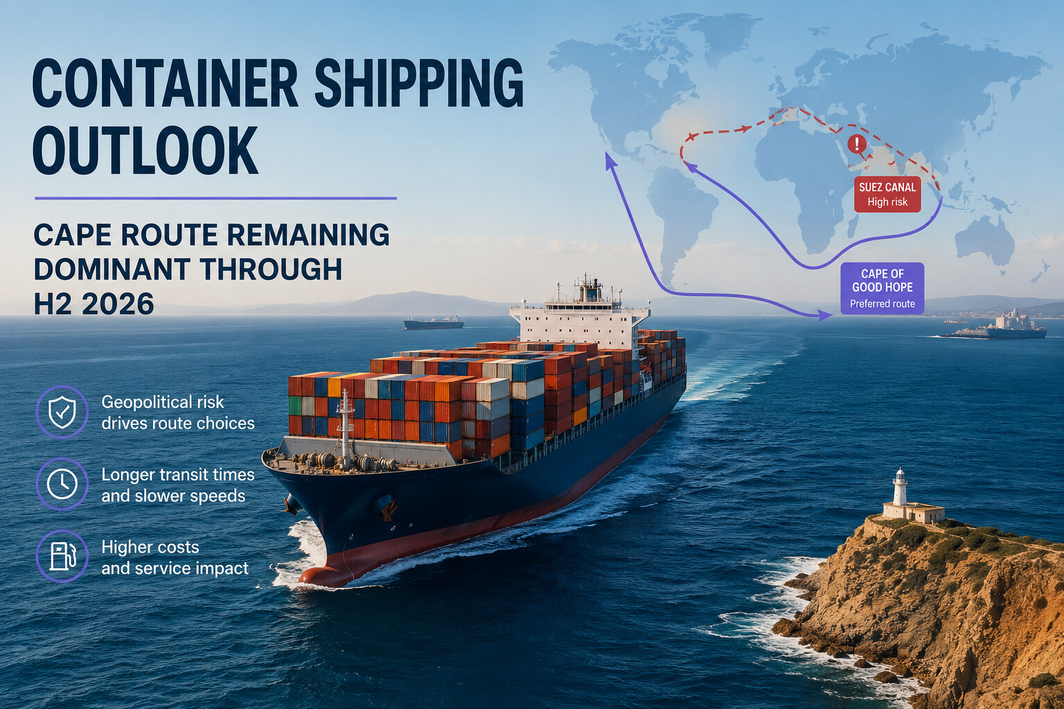 Container shipping outlook showing Cape of Good Hope route remaining dominant through H2 2026