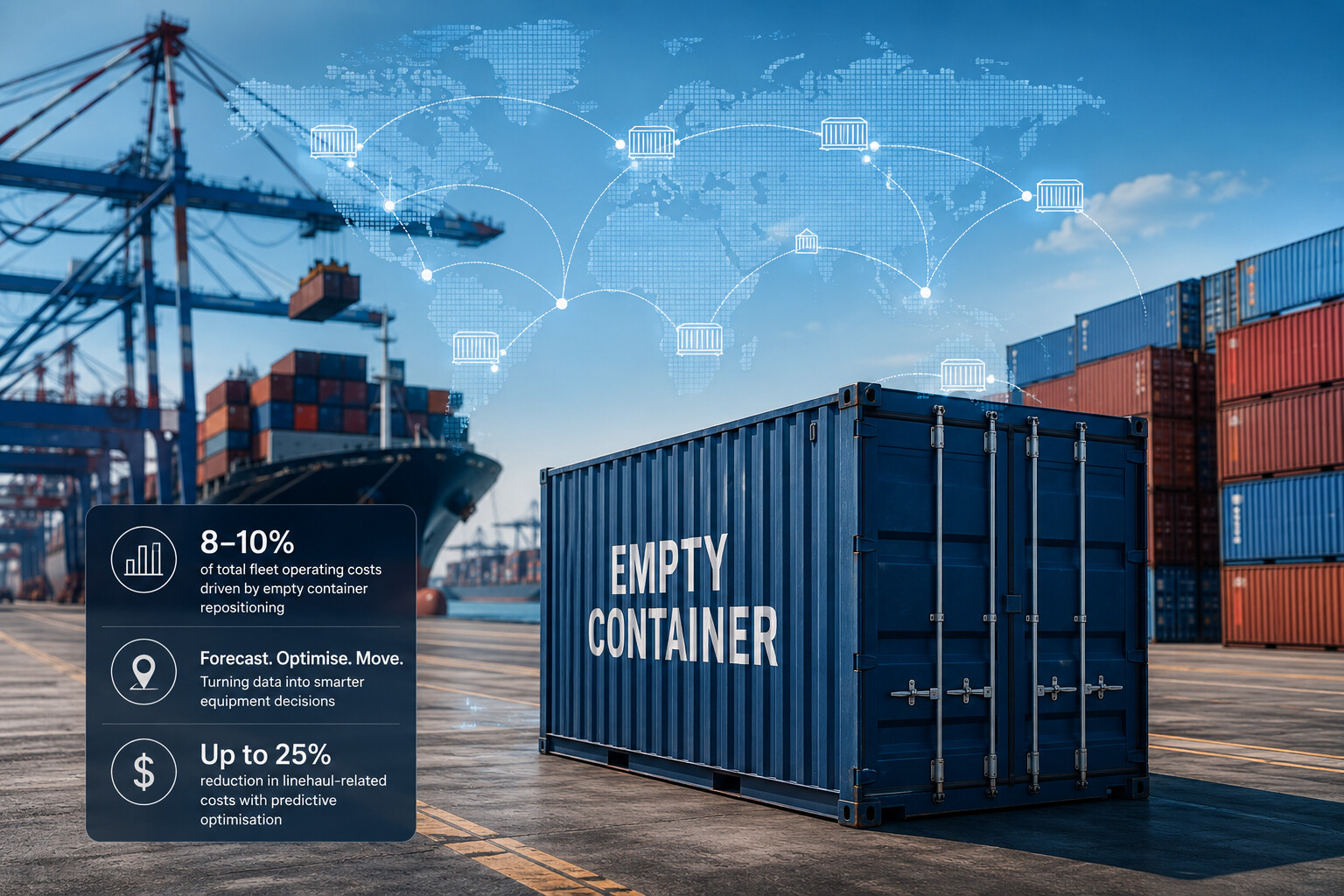 Empty container repositioning through predictive container management | Global Maritime Hub Empty container repositioning concept showing container logistics, port operations and predictive optimisation