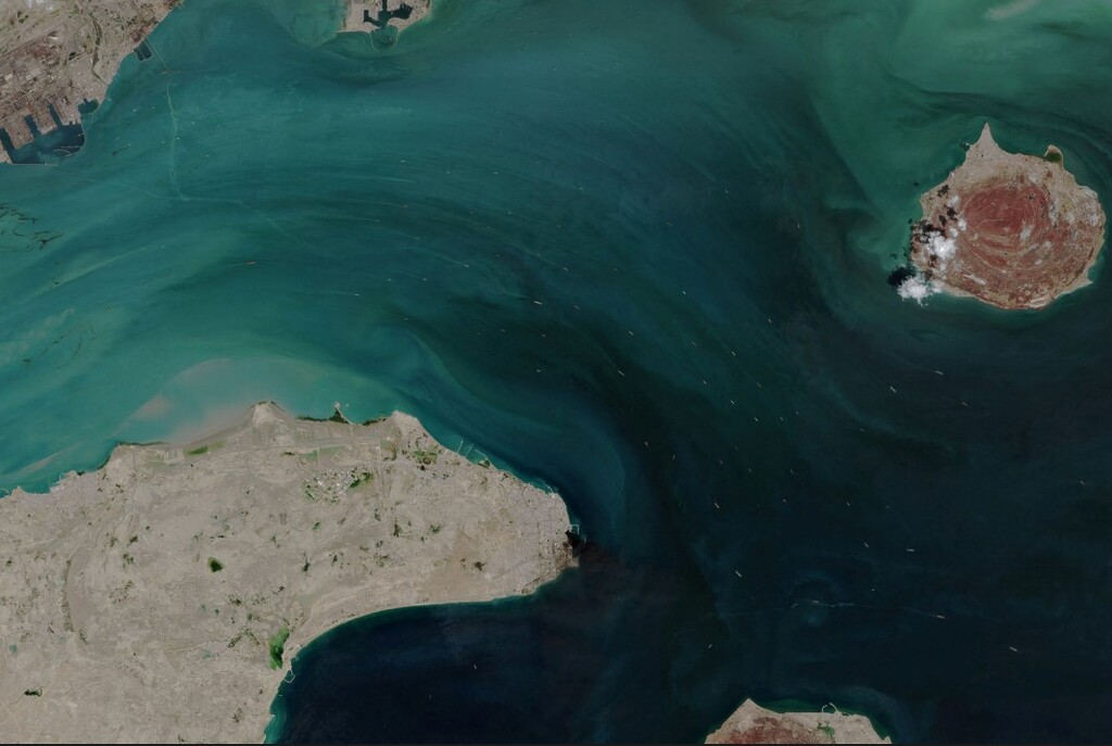 Satellite view of maritime chokepoints and shipping traffic through the Strait of Hormuz