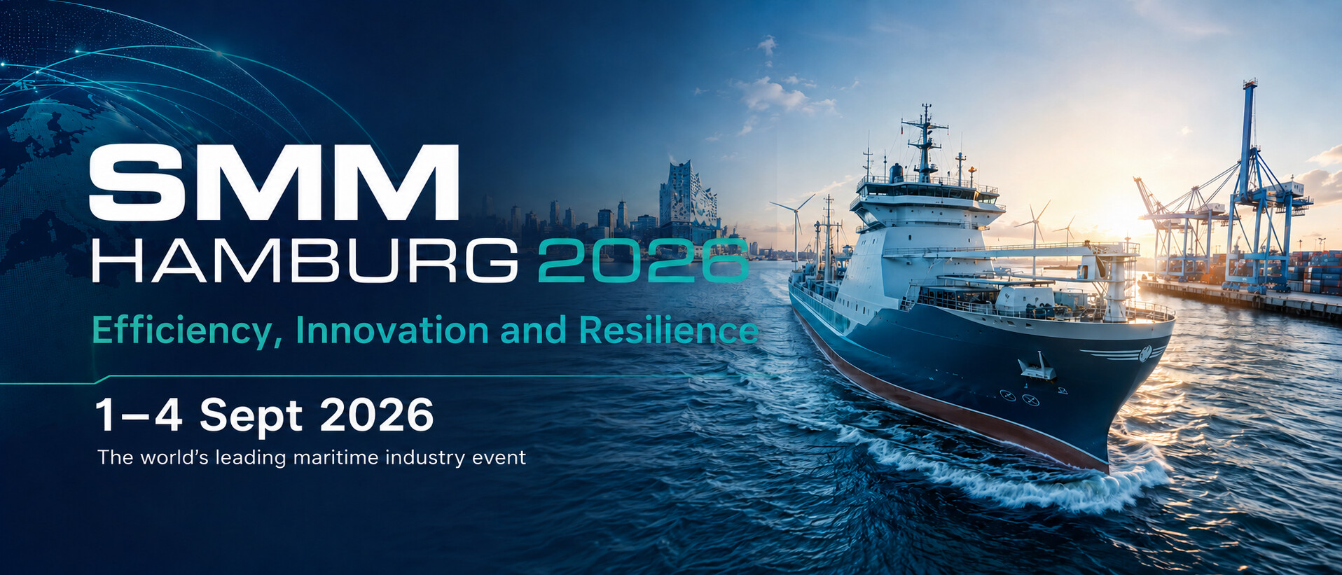 SMM Hamburg 2026 maritime industry event banner | Global Maritime Hub | Global Maritime Hub SMM Hamburg 2026 banner showing a modern ship, port cranes and maritime technology theme.