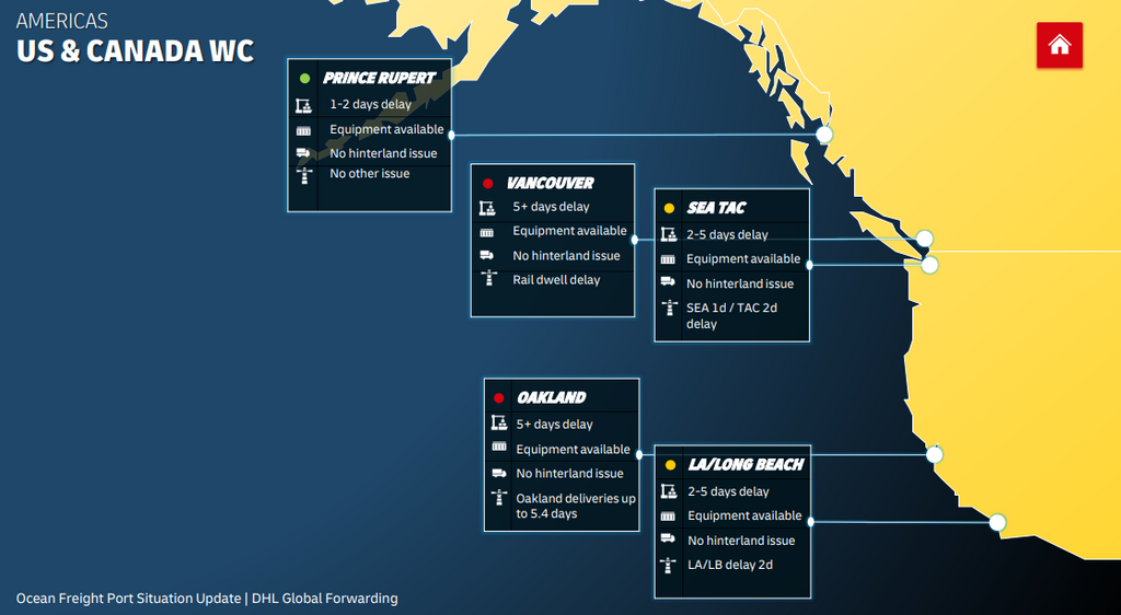 Port congestion and operational delays across major US and Canadian West Coast shipping hubs