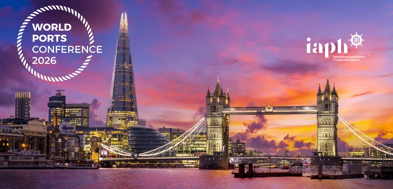 IAPH World Ports Conference 2026 banner featuring London’s Tower Bridge and The Shard